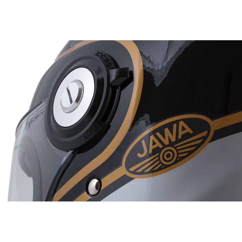 Ενσωματωμένο κράνος μοτοσικλέτας Cassida Fibre Jawa Sport μαύρο-ασημί-χρυσό