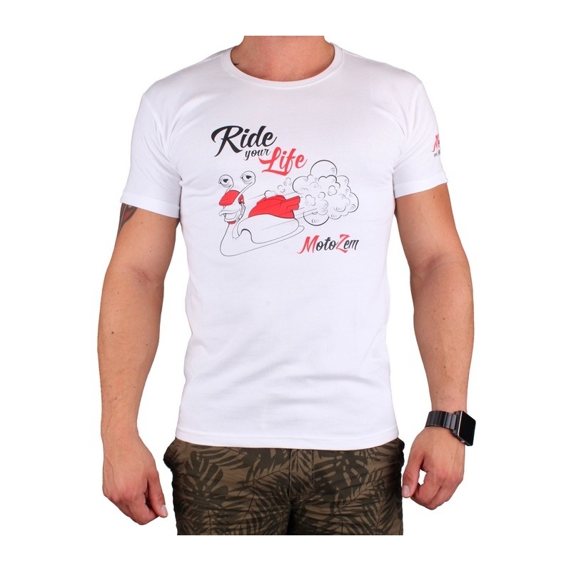 T-shirt s motivem MotoZem Ride your life λευκό προσφορά