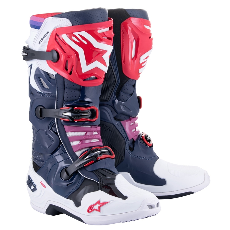 Μπότες μοτοσικλέτας Alpinestars Tech 10 Supervented με τρύπες, σκούρο μπλε-λευκό-κόκκινο-μωβ