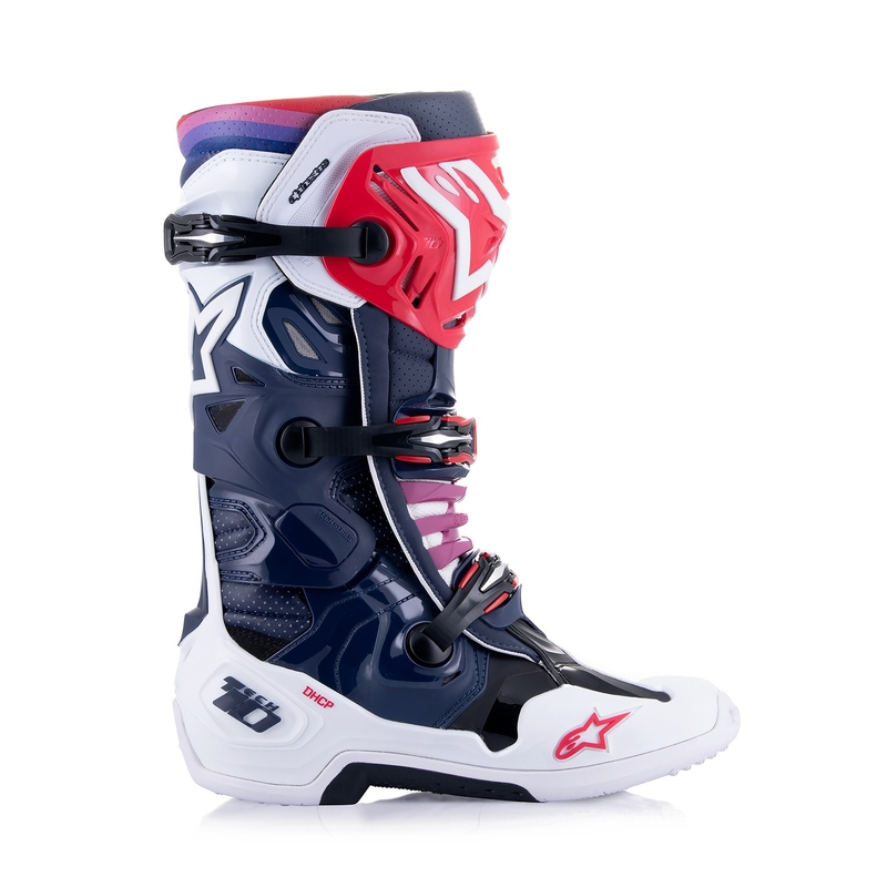 Μπότες μοτοσικλέτας Alpinestars Tech 10 Supervented με τρύπες, σκούρο μπλε-λευκό-κόκκινο-μωβ