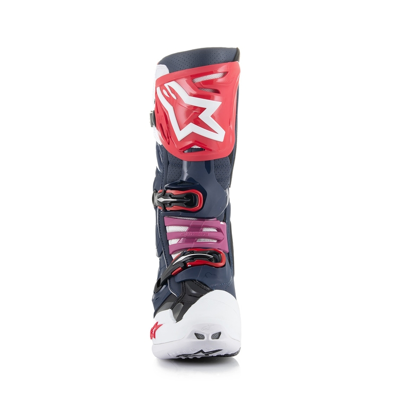 Μπότες μοτοσικλέτας Alpinestars Tech 10 Supervented με τρύπες, σκούρο μπλε-λευκό-κόκκινο-μωβ