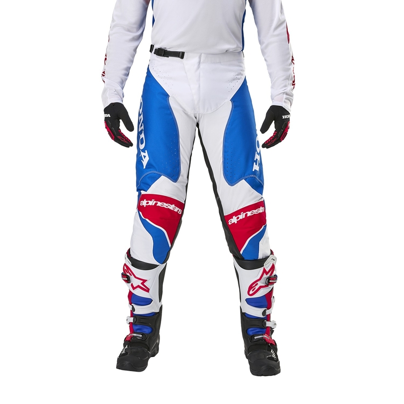 Παντελόνι μοτοκρός της συλλογής Alpinestars Racer Iconic Honda λευκό-μπλε-κόκκινο-μαύρο