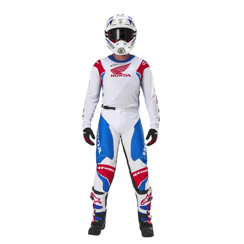 Παντελόνι μοτοκρός της συλλογής Alpinestars Racer Iconic Honda λευκό-μπλε-κόκκινο-μαύρο