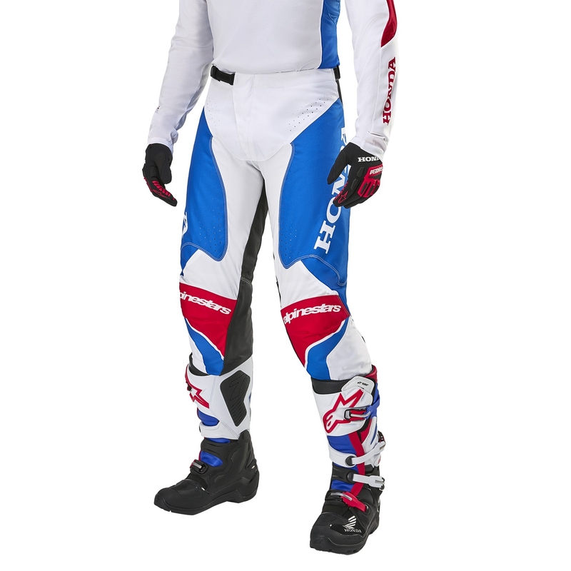 Παντελόνι μοτοκρός της συλλογής Alpinestars Racer Iconic Honda λευκό-μπλε-κόκκινο-μαύρο