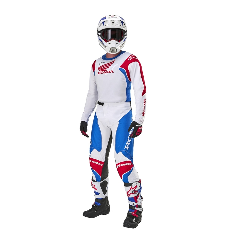 Παντελόνι μοτοκρός της συλλογής Alpinestars Racer Iconic Honda λευκό-μπλε-κόκκινο-μαύρο