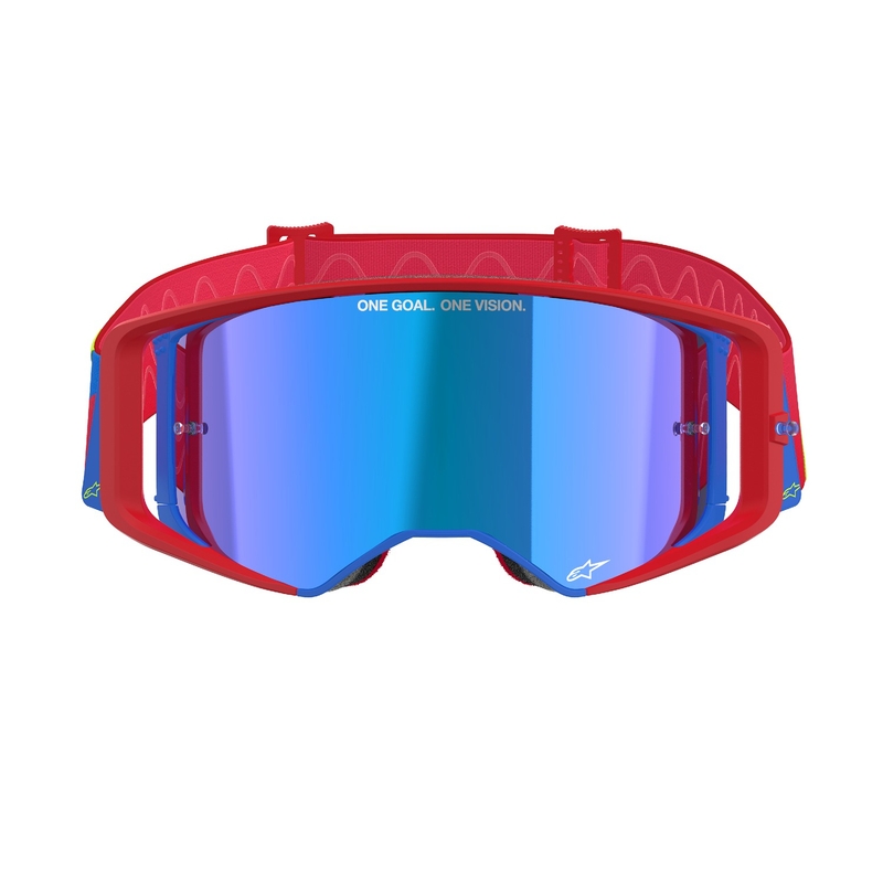 Alpinestars Supertech Corp κόκκινα και μπλε γυαλιά motocross με ασημί φακό με καθρέφτη