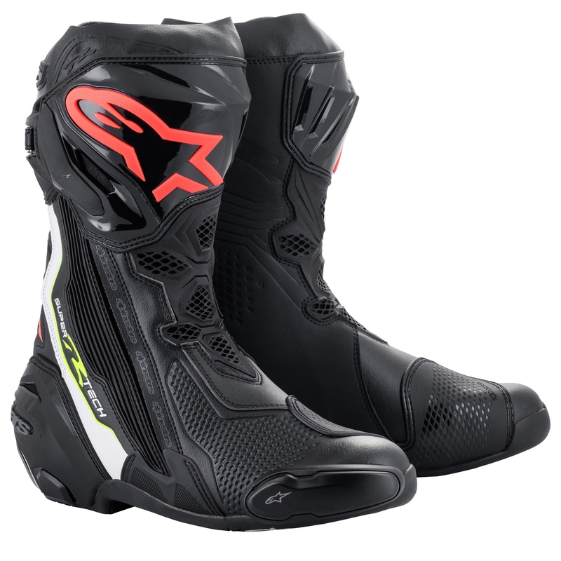 Alpinestars Supertech R Μπότες μοτοσικλέτας Μαύρο-Άσπρο-Κόκκινο-Κίτρινο-Φλούο
