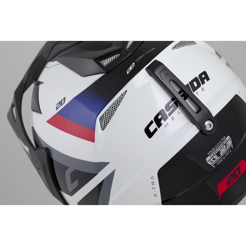 Enduro κράνος Cassida Tour 2.0 X-tra λευκό-μπλε-κόκκινο-μαύρο με μαύρο ματ γείσο
