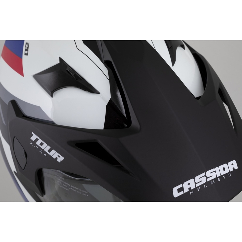 Enduro κράνος Cassida Tour 2.0 X-tra λευκό-μπλε-κόκκινο-μαύρο με μαύρο ματ γείσο
