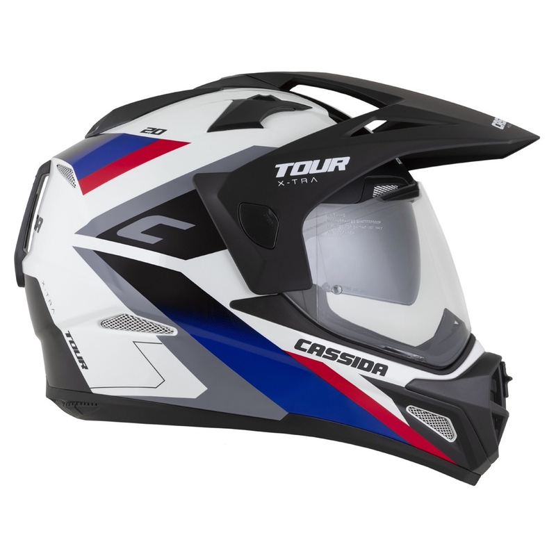 Enduro κράνος Cassida Tour 2.0 X-tra λευκό-μπλε-κόκκινο-μαύρο με μαύρο ματ γείσο