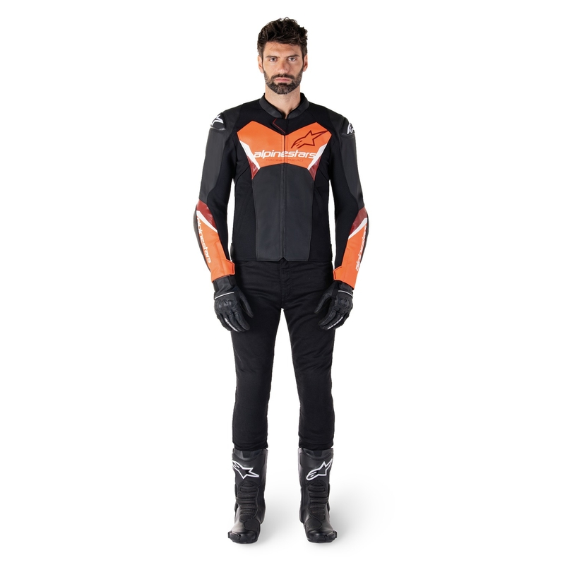 Alpinestars Faster 3 μαύρο-φλούο κόκκινο δερμάτινο μπουφάν μοτοσικλέτας