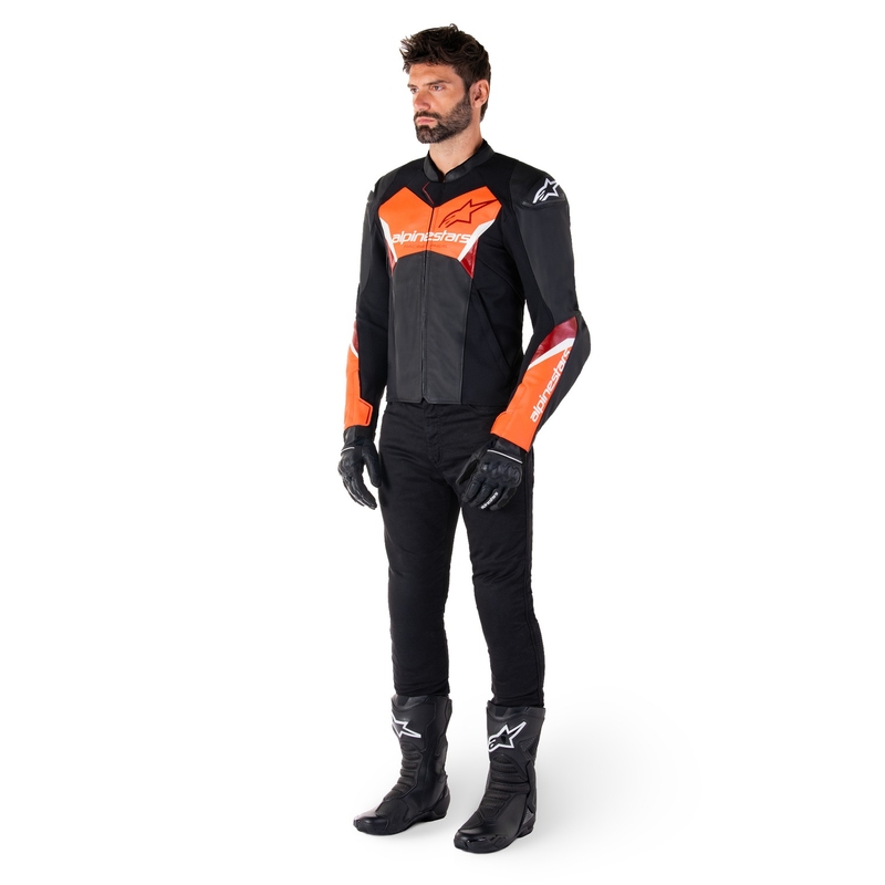 Alpinestars Faster 3 μαύρο-φλούο κόκκινο δερμάτινο μπουφάν μοτοσικλέτας