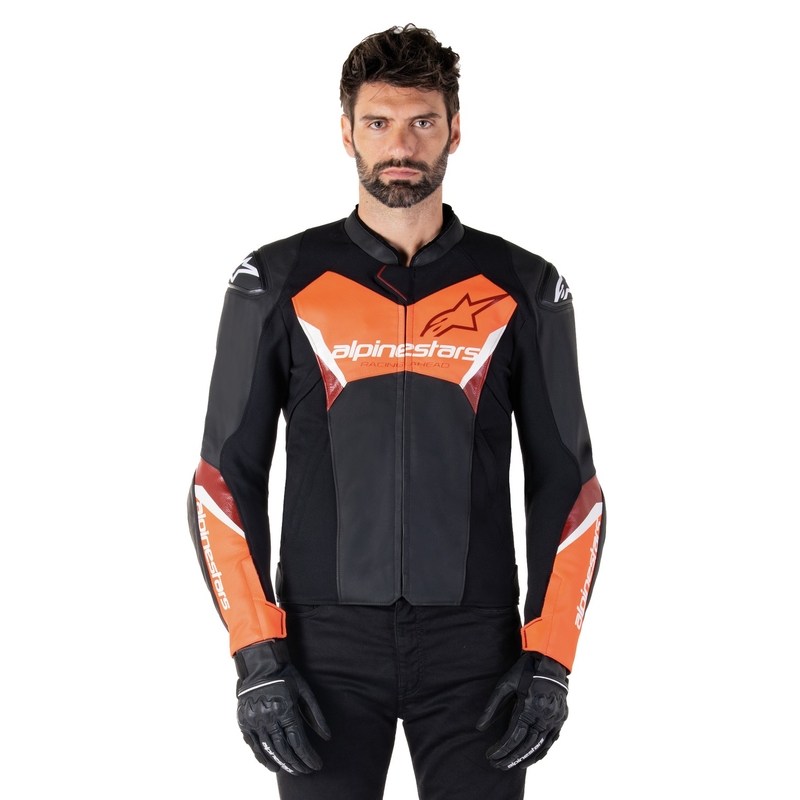 Alpinestars Faster 3 μαύρο-φλούο κόκκινο δερμάτινο μπουφάν μοτοσικλέτας