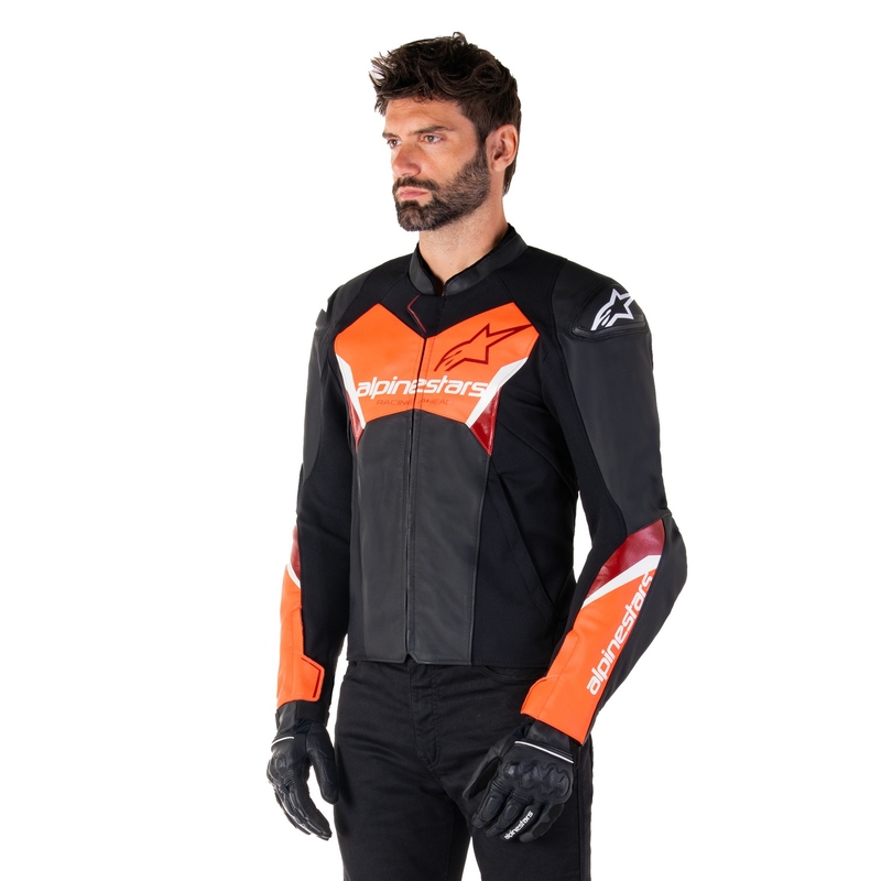 Alpinestars Faster 3 μαύρο-φλούο κόκκινο δερμάτινο μπουφάν μοτοσικλέτας