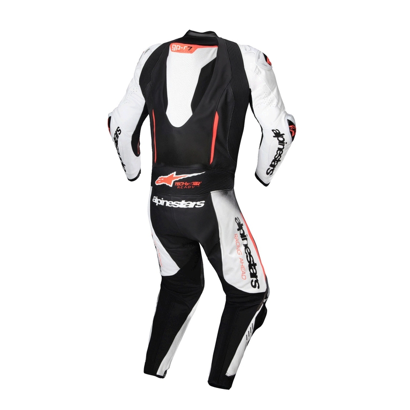 Alpinestars GP-R7 Tech-Air έτοιμο/συμβατό λευκό-μαύρο-φλούο κόκκινο μονοκόμματο δερμάτινο κοστούμι