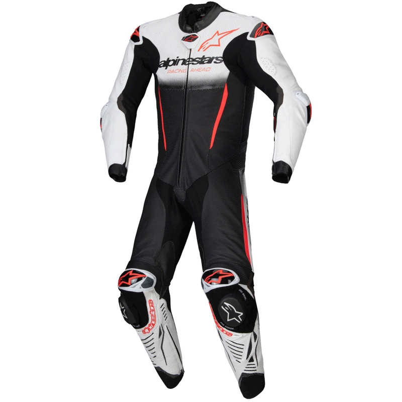 Alpinestars GP-R7 Tech-Air έτοιμο/συμβατό λευκό-μαύρο-φλούο κόκκινο μονοκόμματο δερμάτινο κοστούμι