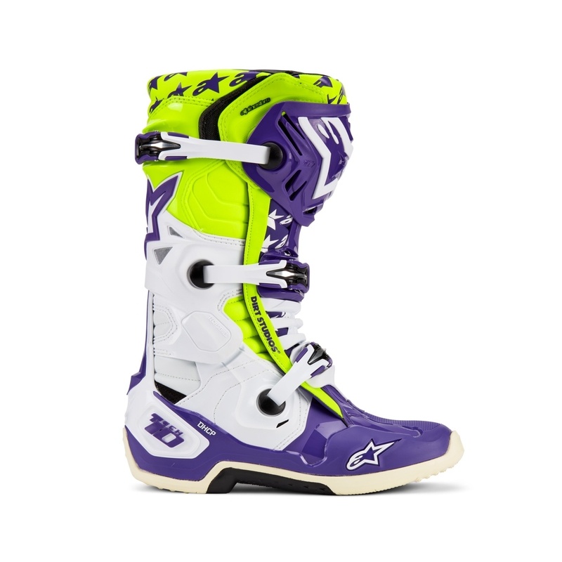 Alpinestars TECH 10 μπότες μοτοσικλέτας περιορισμένης έκδοσης Dirt Studios μοβ-λευκό-φλούο κίτρινο μπότες μοτοσικλέτας