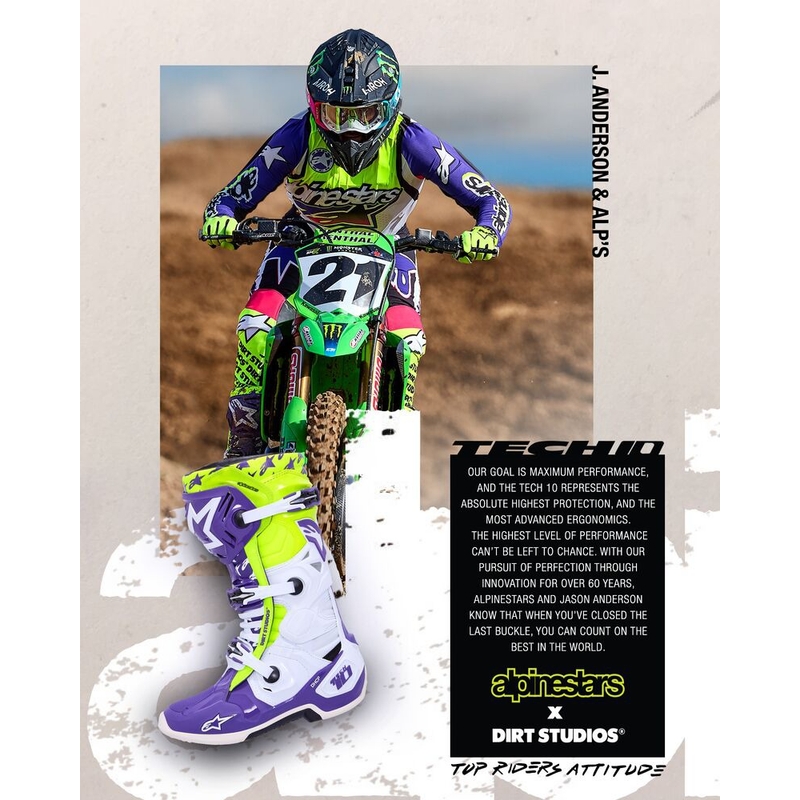 Alpinestars TECH 10 μπότες μοτοσικλέτας περιορισμένης έκδοσης Dirt Studios μοβ-λευκό-φλούο κίτρινο μπότες μοτοσικλέτας