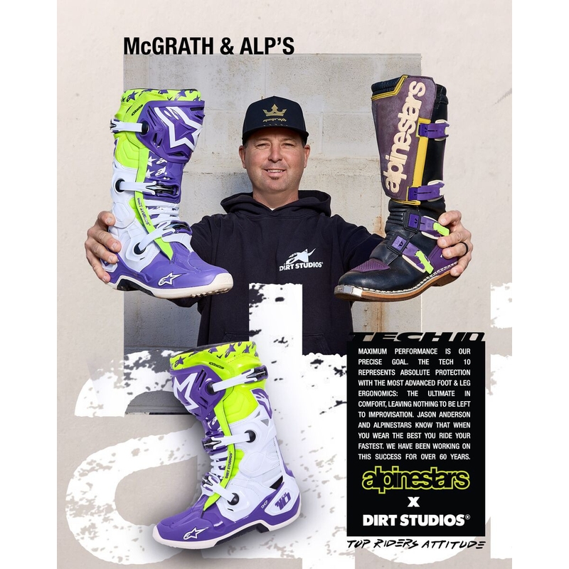 Alpinestars TECH 10 μπότες μοτοσικλέτας περιορισμένης έκδοσης Dirt Studios μοβ-λευκό-φλούο κίτρινο μπότες μοτοσικλέτας