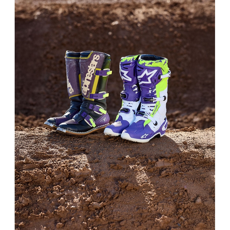 Alpinestars TECH 10 μπότες μοτοσικλέτας περιορισμένης έκδοσης Dirt Studios μοβ-λευκό-φλούο κίτρινο μπότες μοτοσικλέτας