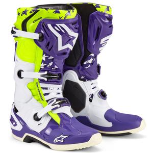 Alpinestars TECH 10 μπότες μοτοσικλέτας περιορισμένης έκδοσης Dirt Studios μοβ-λευκό-φλούο κίτρινο μπότες μοτοσικλέτας