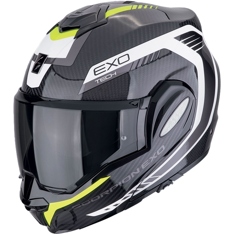 Κράνος μοτοσικλέτας Scorpion EXO-TECH EVO CARBON COSY με αναδιπλούμενο άνοιγμα, μαύρο-φλουορ κίτρινο
