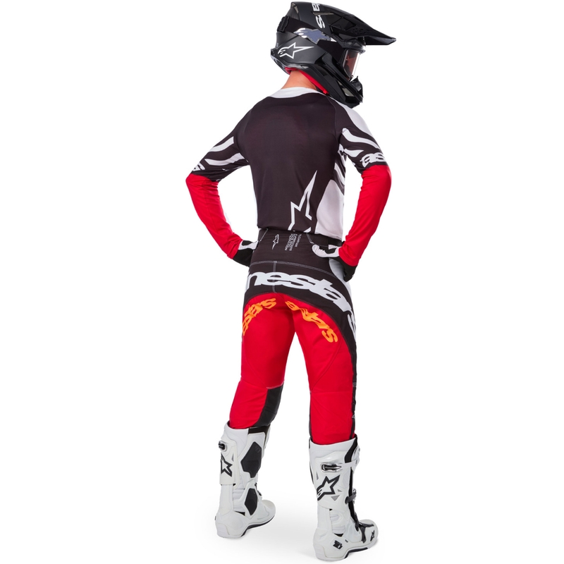 Φανέλα motocross Alpinestars Techstar περιορισμένης έκδοσης, σκούρο μαύρο-άσπρο-φλουορ κόκκινο-πορτοκαλί