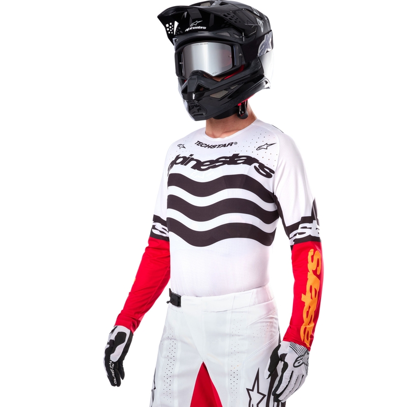 Φανέλα motocross Alpinestars Techstar περιορισμένης έκδοσης, σκούρο μαύρο-άσπρο-φλουορ κόκκινο-πορτοκαλί