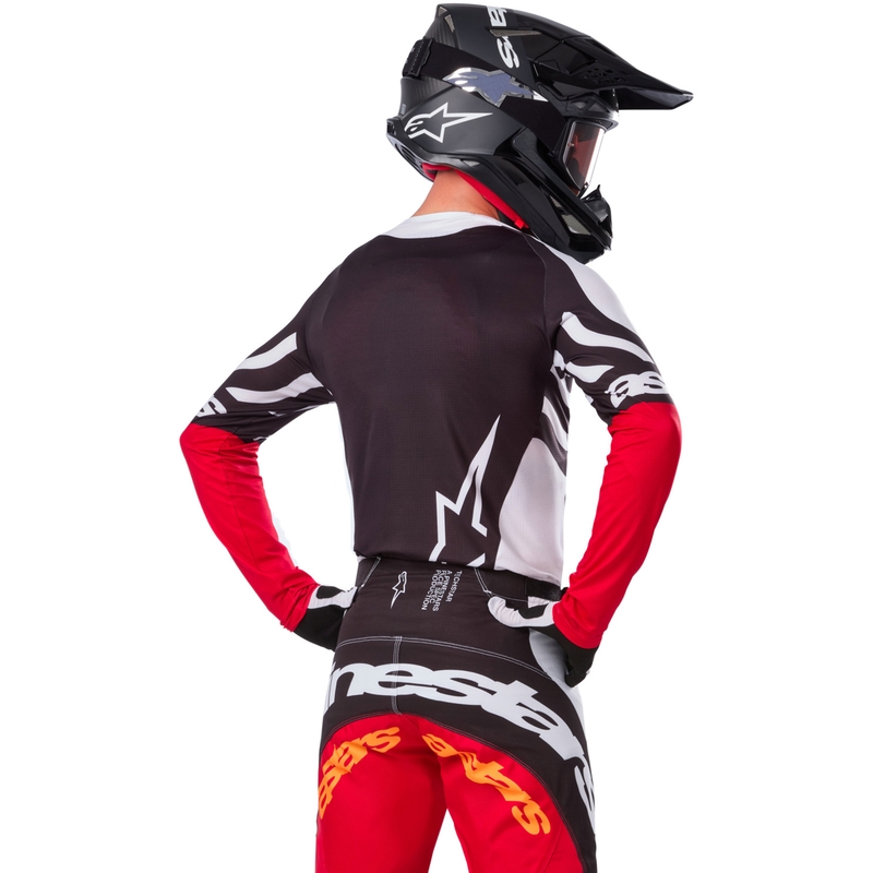 Φανέλα motocross Alpinestars Techstar περιορισμένης έκδοσης, σκούρο μαύρο-άσπρο-φλουορ κόκκινο-πορτοκαλί
