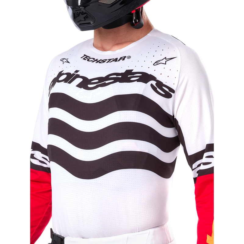 Φανέλα motocross Alpinestars Techstar περιορισμένης έκδοσης, σκούρο μαύρο-άσπρο-φλουορ κόκκινο-πορτοκαλί