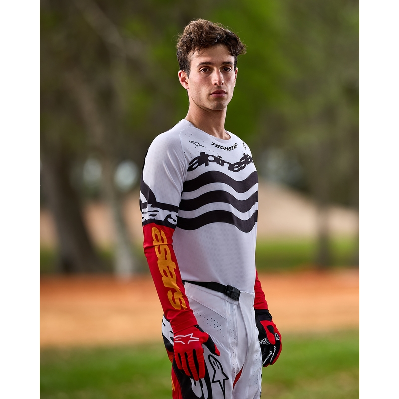 Φανέλα motocross Alpinestars Techstar περιορισμένης έκδοσης, σκούρο μαύρο-άσπρο-φλουορ κόκκινο-πορτοκαλί