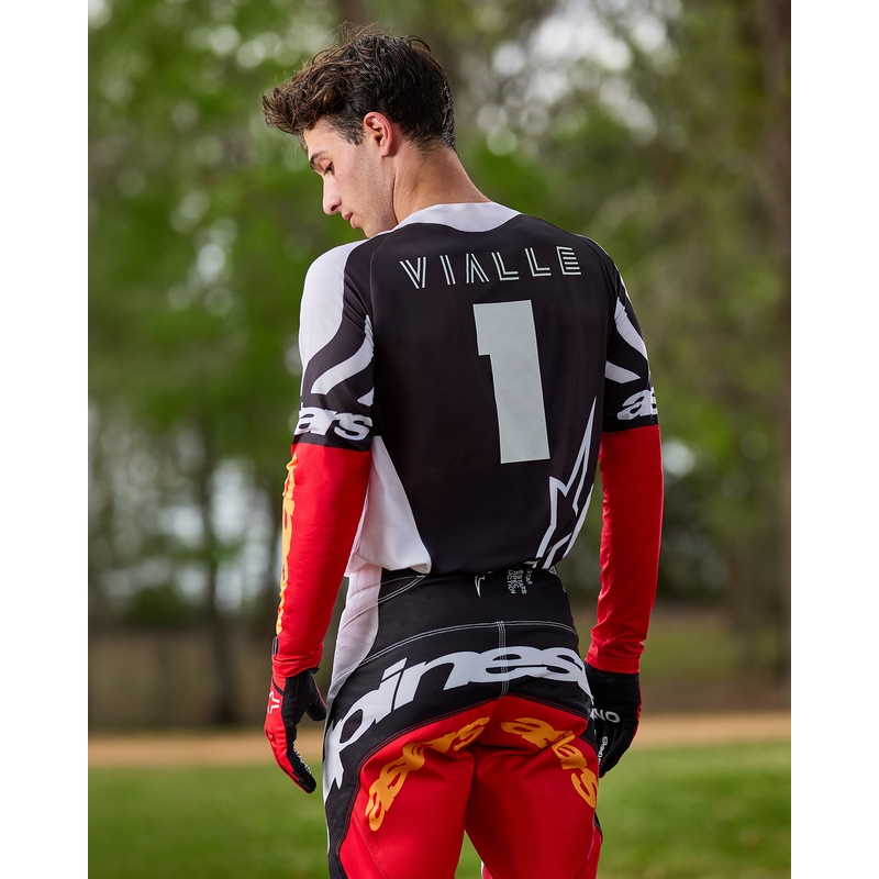 Φανέλα motocross Alpinestars Techstar περιορισμένης έκδοσης, σκούρο μαύρο-άσπρο-φλουορ κόκκινο-πορτοκαλί