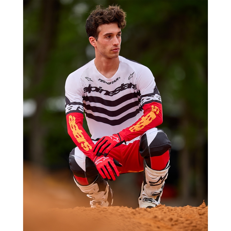 Παντελόνι motocross Alpinestars Techstar περιορισμένης έκδοσης, βαθύ μαύρο-άσπρο-φλουορ κόκκινο-πορτοκαλί