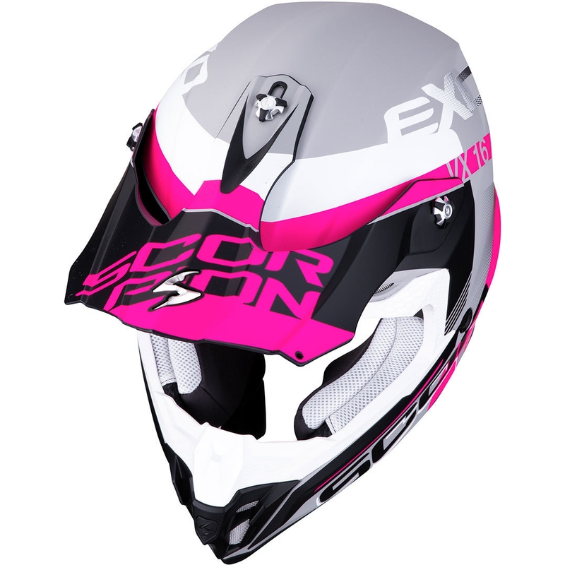 Motokrosová přilba Scorpion VX-16 Air Arhus stříbrno-černo-růžová