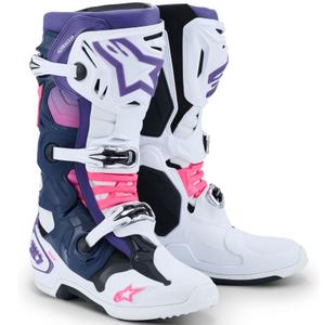 Μπότες μοτοσικλέτας Alpinestars Tech 10 λευκές-μωβ-μπλε-φλουορόζ