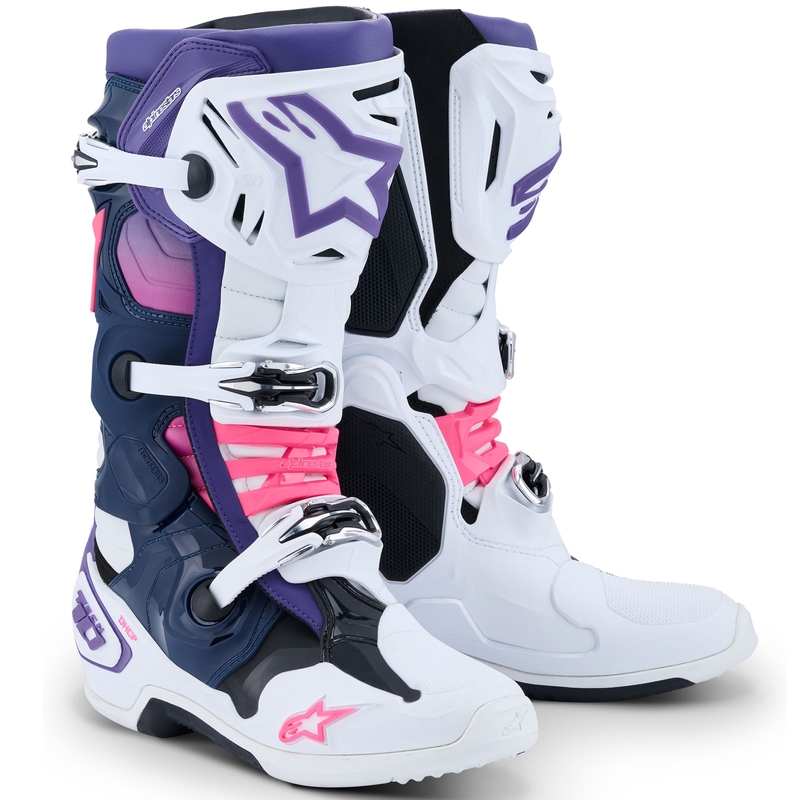 Μπότες μοτοσικλέτας Alpinestars Tech 10 λευκές-μωβ-μπλε-φλουορόζ