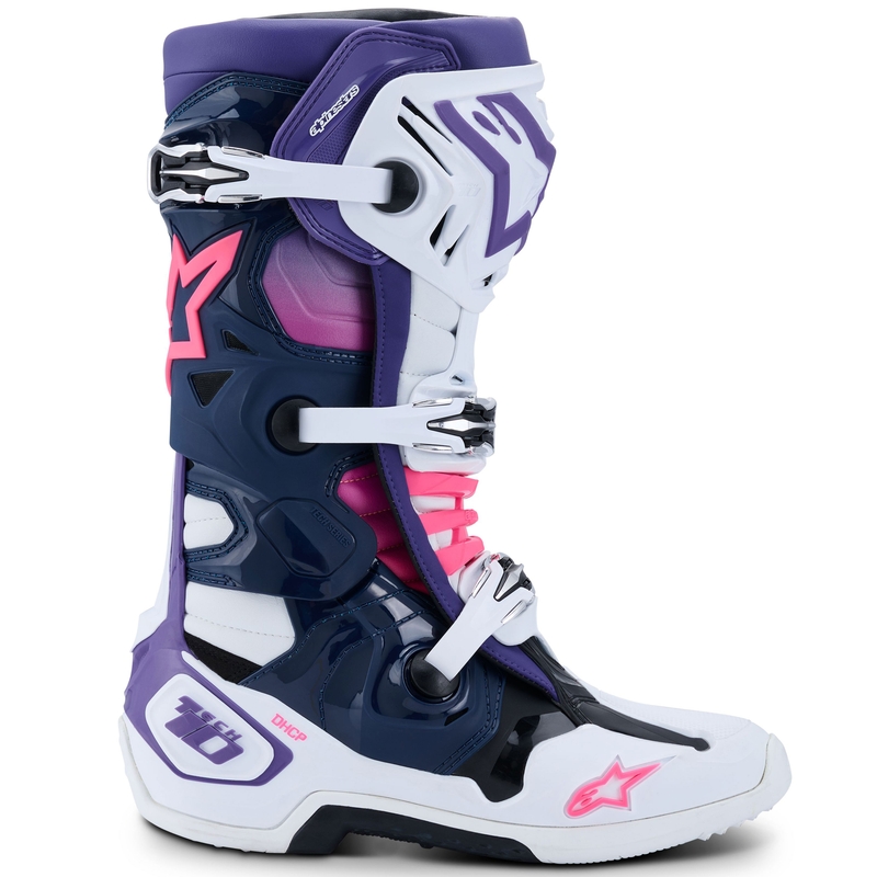 Μπότες μοτοσικλέτας Alpinestars Tech 10 λευκές-μωβ-μπλε-φλουορόζ