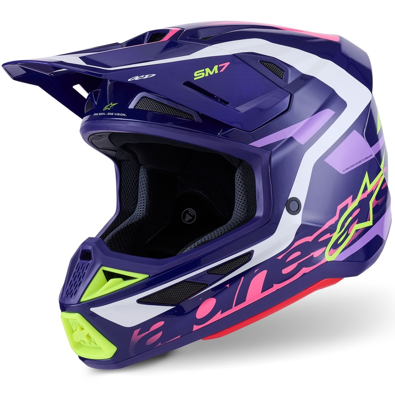 Κράνος motocross Alpinestars SM7 Deed μωβ-ροζ-λευκό-φλουορ κίτρινο