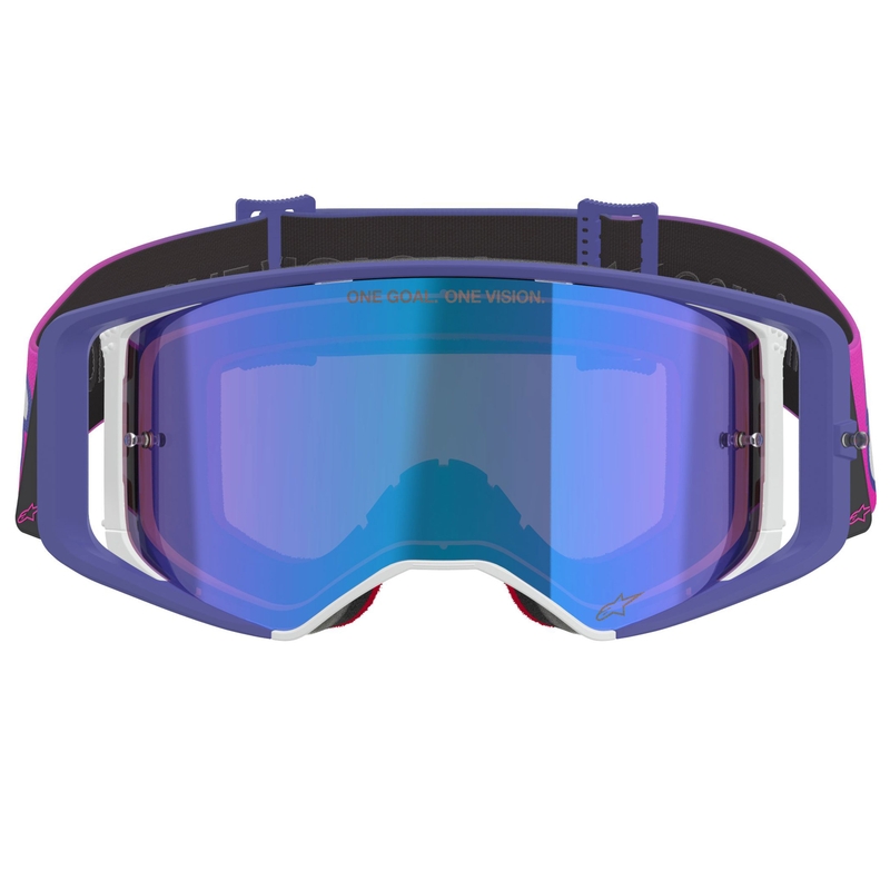 Γυαλιά motocross Alpinestars Supertech Vision Vista μωβ-φλουορόζ με μπλε καθρέφτη φακούς