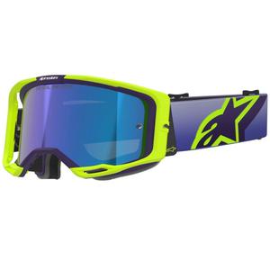Γυαλιά motocross Alpinestars Vision 8 Corp σε φωσφοριζέ κίτρινο-μωβ χρώμα με μπλε καθρέφτη.