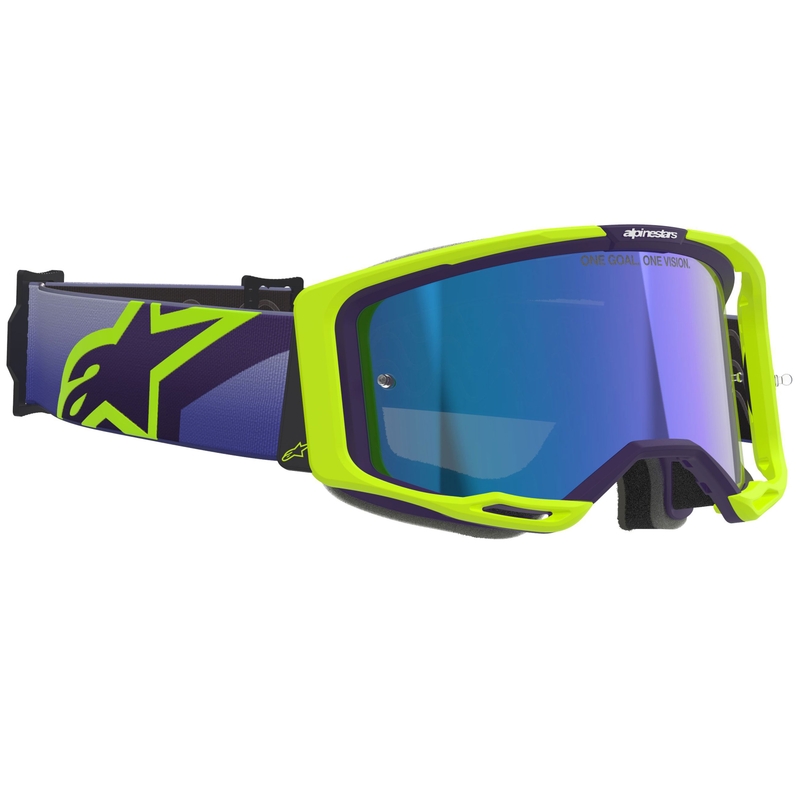 Γυαλιά motocross Alpinestars Vision 8 Corp σε φωσφοριζέ κίτρινο-μωβ χρώμα με μπλε καθρέφτη.