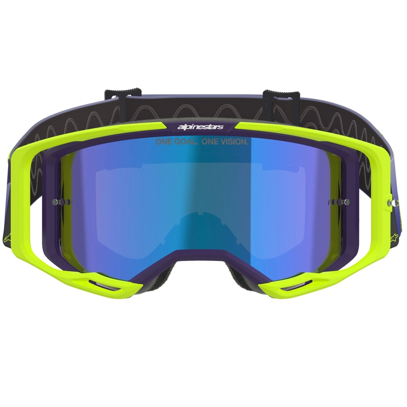 Γυαλιά motocross Alpinestars Vision 8 Corp σε φωσφοριζέ κίτρινο-μωβ χρώμα με μπλε καθρέφτη.