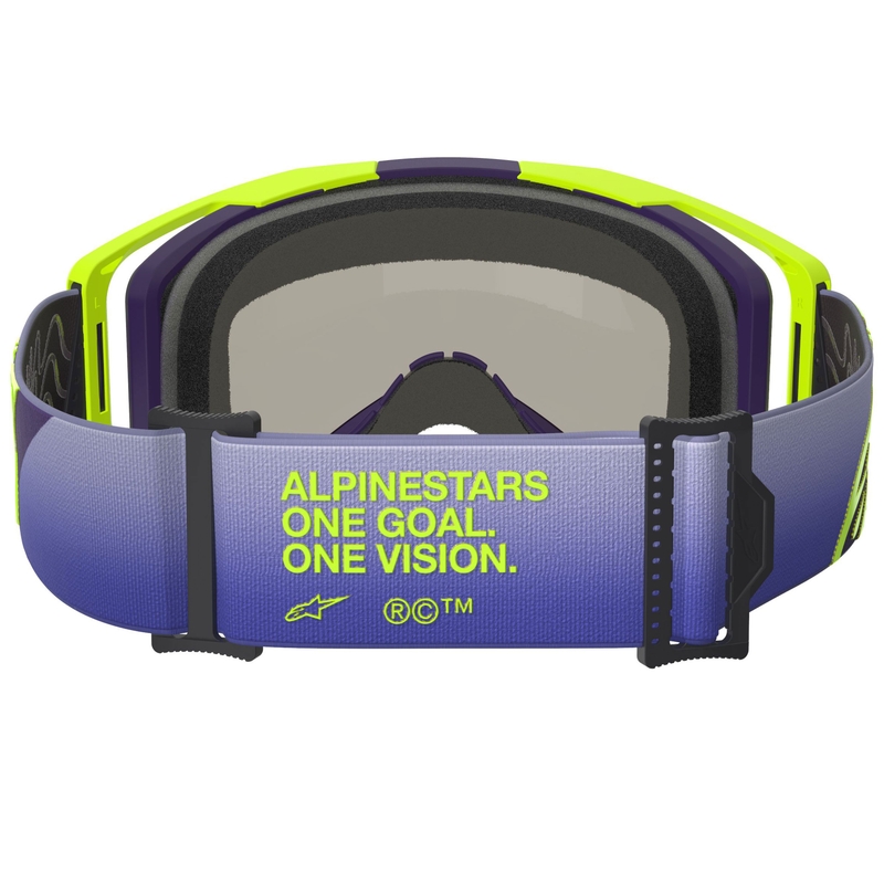 Γυαλιά motocross Alpinestars Vision 8 Corp σε φωσφοριζέ κίτρινο-μωβ χρώμα με μπλε καθρέφτη.