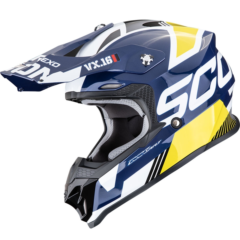 Κράνος motocross Scorpion VX-16 EVO Air Analog λευκό-μπλε-κίτρινο