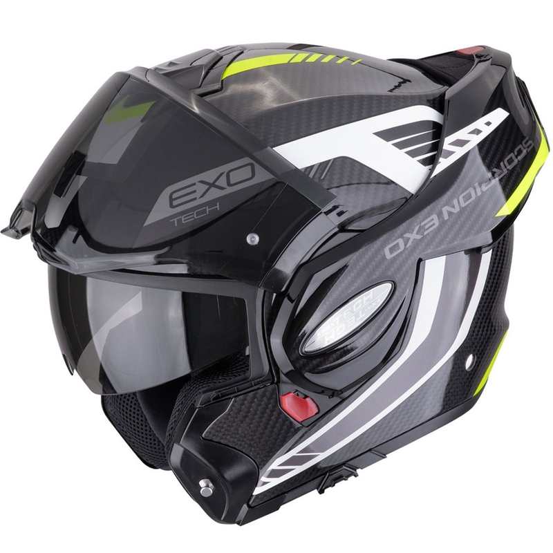 Κράνος μοτοσικλέτας Scorpion EXO-TECH EVO CARBON COSY με αναδιπλούμενο άνοιγμα, μαύρο-φλουορ κίτρινο