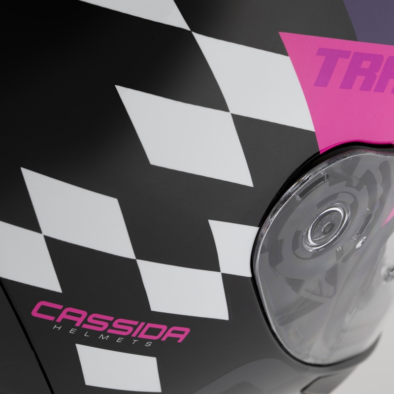 Κράνος μοτοσικλέτας Cassida Orbit Track full-face μαύρο-ροζ-μωβ-φλουορ κίτρινο-λευκό