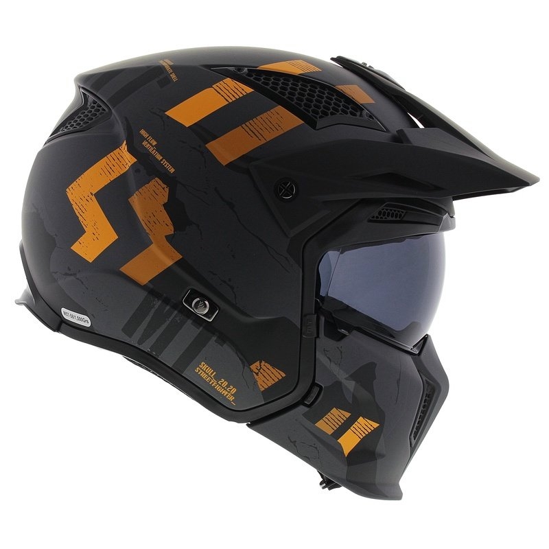Κράνος ανοιχτού προσώπου με μάσκα MT Streetfighter SV S Skull A12 γκρι-πορτοκαλί με γείσο ιριδίου - ποιότητα II. - II. ποιότητα