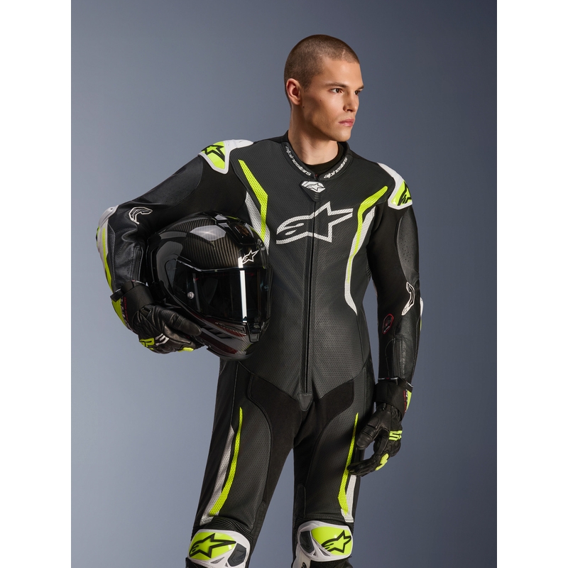 Ολόσωμη δερμάτινη φόρμα μοτοσικλέτας Alpinestars GP TECH V5 σε μαύρο-λευκό-φλουορ κίτρινο