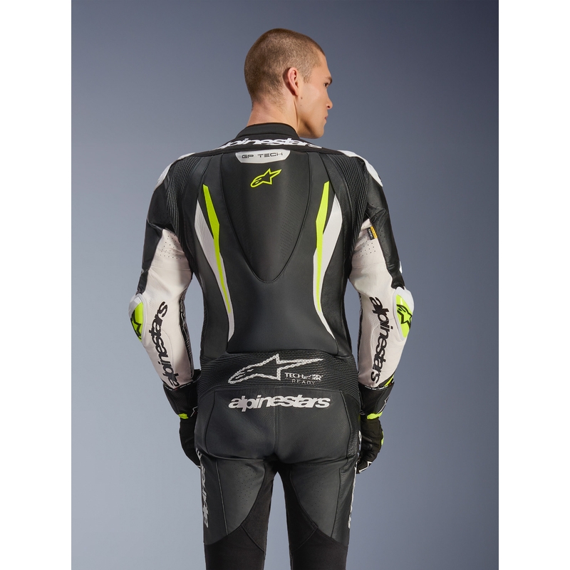 Ολόσωμη δερμάτινη φόρμα μοτοσικλέτας Alpinestars GP TECH V5 σε μαύρο-λευκό-φλουορ κίτρινο