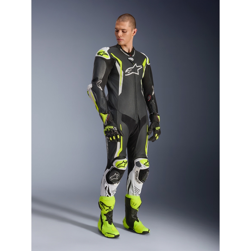 Ολόσωμη δερμάτινη φόρμα μοτοσικλέτας Alpinestars GP TECH V5 σε μαύρο-λευκό-φλουορ κίτρινο